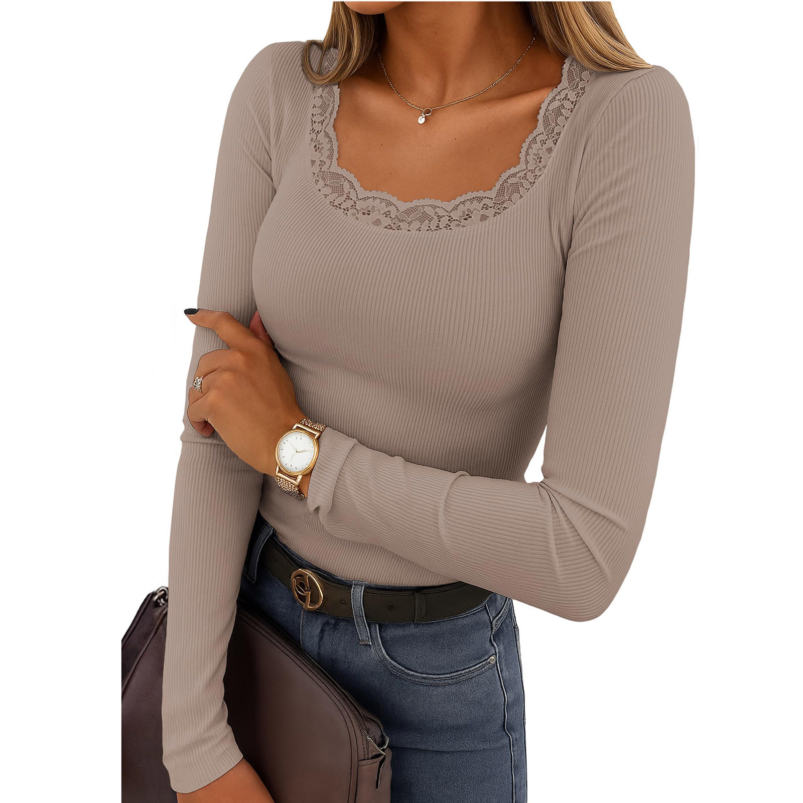 Ribbed Knit Lettuce Trim Mock Neck Long Sleeve Top