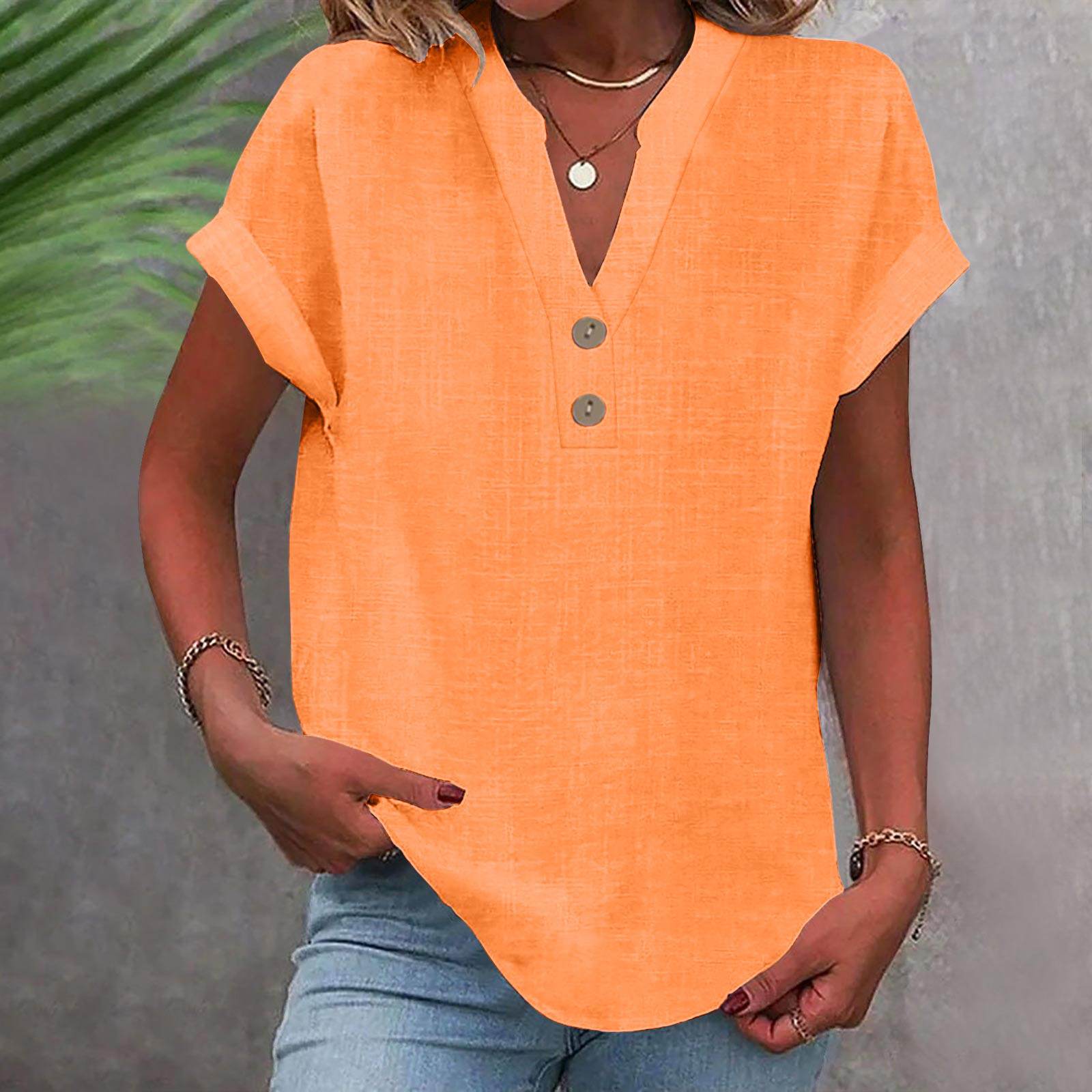 Ygbgbb Women's Cotton Linen Shirts Short Sleeve Button V Neck Tops ...
